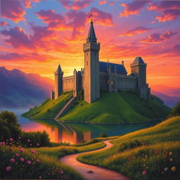 A breathtaking medieval castle illuminated by the warm hues of sunset, showcasing tall towers and intricate architecture with battlements