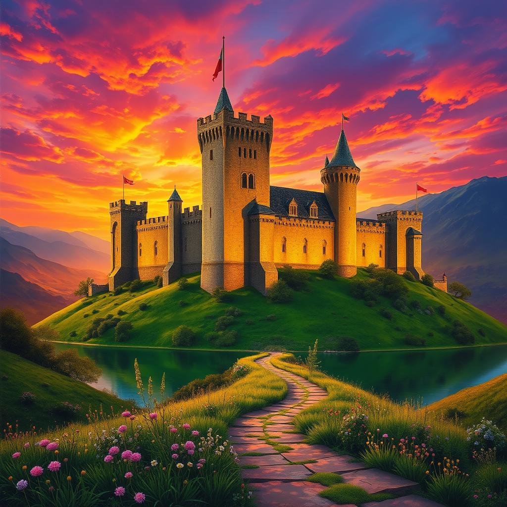 A breathtaking medieval castle illuminated by the warm hues of sunset, showcasing tall towers and intricate architecture with battlements