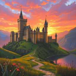 A breathtaking medieval castle illuminated by the warm hues of sunset, showcasing tall towers and intricate architecture with battlements