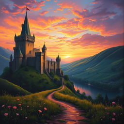 A breathtaking medieval castle illuminated by the warm hues of sunset, showcasing tall towers and intricate architecture with battlements