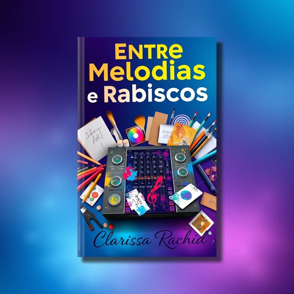 A visually striking book cover for 'Entre Melodias e Rabiscos', featuring a vibrant mix of a DJ mixer surrounded by colorful art supplies like sketch pads, pencils, and paintbrushes