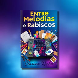 A visually striking book cover for 'Entre Melodias e Rabiscos', featuring a vibrant mix of a DJ mixer surrounded by colorful art supplies like sketch pads, pencils, and paintbrushes