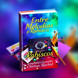 A visually striking book cover for 'Entre Melodias e Rabiscos', featuring a vibrant mix of a DJ mixer surrounded by colorful art supplies like sketch pads, pencils, and paintbrushes