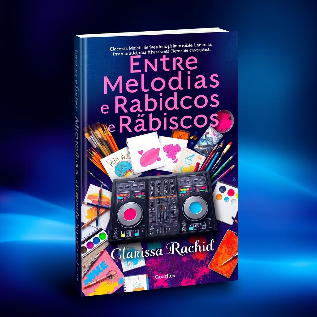 A visually striking book cover for 'Entre Melodias e Rabiscos', featuring a vibrant mix of a DJ mixer surrounded by colorful art supplies like sketch pads, pencils, and paintbrushes