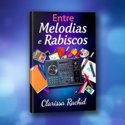 A visually striking book cover for 'Entre Melodias e Rabiscos', featuring a vibrant mix of a DJ mixer surrounded by colorful art supplies like sketch pads, pencils, and paintbrushes