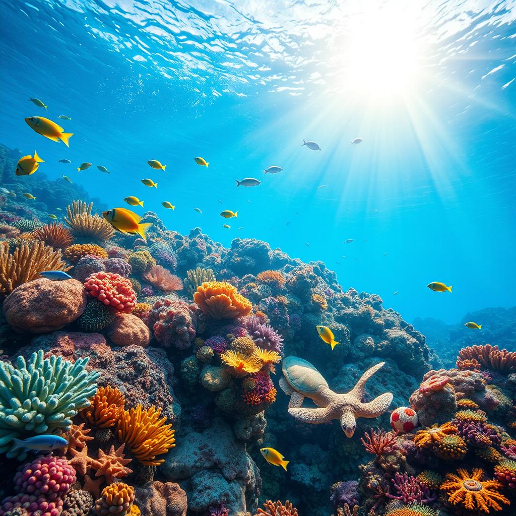 A vibrant underwater coral reef scene, showcasing a variety of colorful corals, exotic fish swimming gracefully among the formations, and shafts of sunlight piercing through the water creating a magical atmosphere