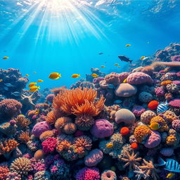 A vibrant underwater coral reef scene, showcasing a variety of colorful corals, exotic fish swimming gracefully among the formations, and shafts of sunlight piercing through the water creating a magical atmosphere