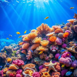 A vibrant underwater coral reef scene, showcasing a variety of colorful corals, exotic fish swimming gracefully among the formations, and shafts of sunlight piercing through the water creating a magical atmosphere