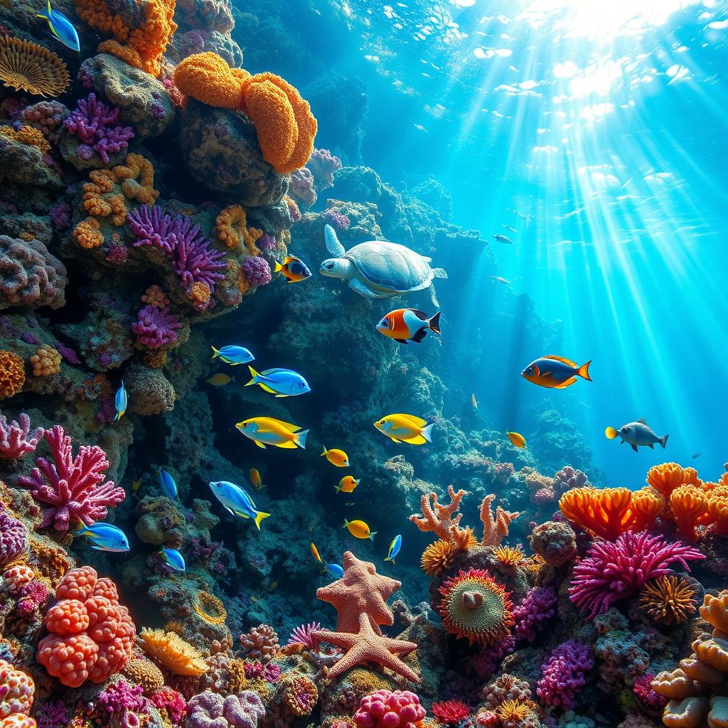 A vibrant underwater coral reef scene, showcasing a variety of colorful corals, exotic fish swimming gracefully among the formations, and shafts of sunlight piercing through the water creating a magical atmosphere