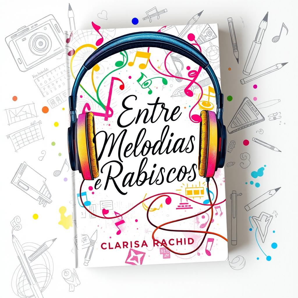 A book cover design for 'Entre Melodias e Rabiscos', featuring a vibrant and artistic composition that symbolizes the love story between a DJ and an illustrator