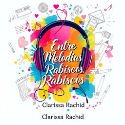 A book cover design for 'Entre Melodias e Rabiscos', featuring a vibrant and artistic composition that symbolizes the love story between a DJ and an illustrator