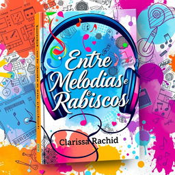 A book cover design for 'Entre Melodias e Rabiscos', featuring a vibrant and artistic composition that symbolizes the love story between a DJ and an illustrator