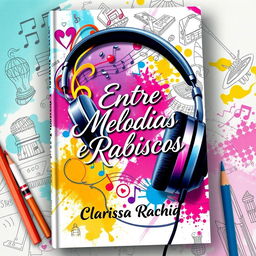 A book cover design for 'Entre Melodias e Rabiscos', featuring a vibrant and artistic composition that symbolizes the love story between a DJ and an illustrator