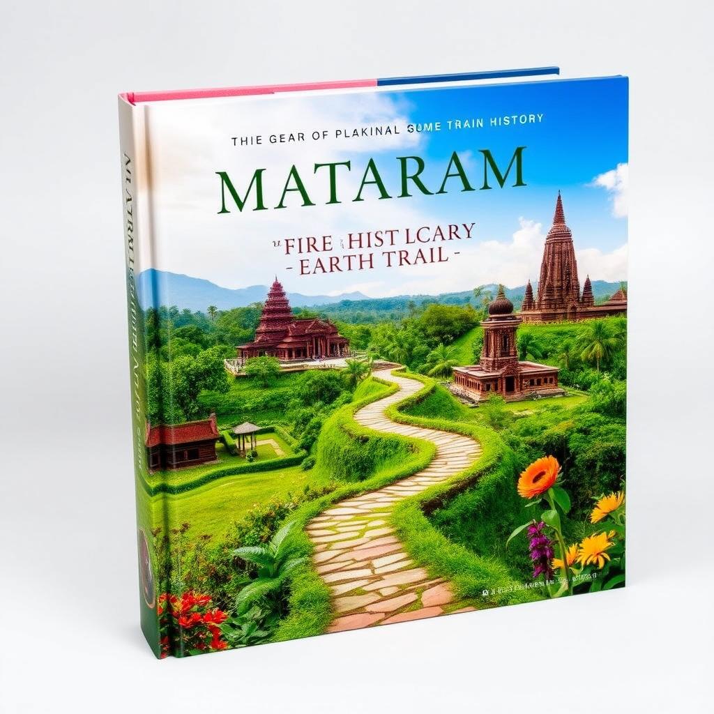 A captivating book cover depicting the rich history of the Mataram Earth Trail, featuring lush green landscapes, traditional Javanese architecture, and ancient temples