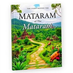 A captivating book cover depicting the rich history of the Mataram Earth Trail, featuring lush green landscapes, traditional Javanese architecture, and ancient temples