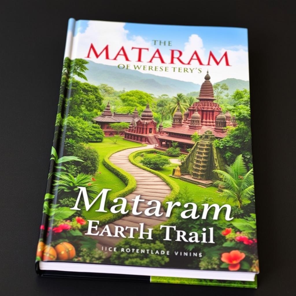 A captivating book cover depicting the rich history of the Mataram Earth Trail, featuring lush green landscapes, traditional Javanese architecture, and ancient temples