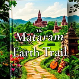 A captivating book cover depicting the rich history of the Mataram Earth Trail, featuring lush green landscapes, traditional Javanese architecture, and ancient temples