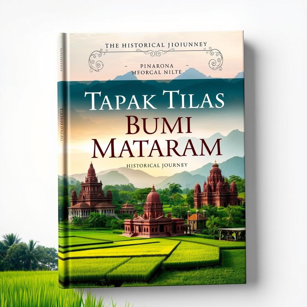 A captivating book cover design centered on the historical journey of 'Tapak Tilas Bumi Mataram', showcasing beautiful landscapes of Mataram featuring iconic historical sites