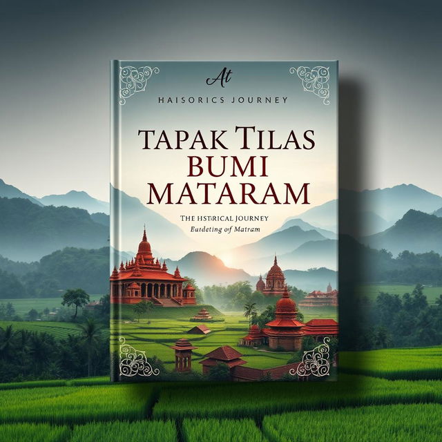 A captivating book cover design centered on the historical journey of 'Tapak Tilas Bumi Mataram', showcasing beautiful landscapes of Mataram featuring iconic historical sites