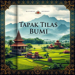 A captivating book cover design centered on the historical journey of 'Tapak Tilas Bumi Mataram', showcasing beautiful landscapes of Mataram featuring iconic historical sites