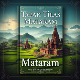 A captivating book cover design centered on the historical journey of 'Tapak Tilas Bumi Mataram', showcasing beautiful landscapes of Mataram featuring iconic historical sites