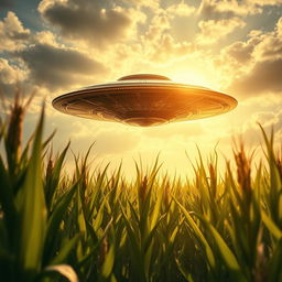 A striking raw photograph of a UFO hovering above a cornfield