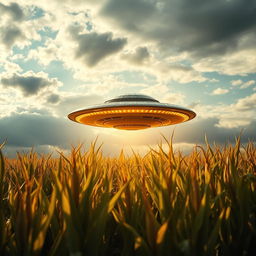 A striking raw photograph of a UFO hovering above a cornfield