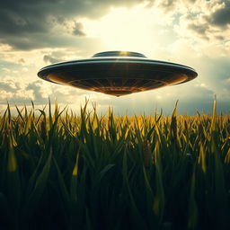 A striking raw photograph of a UFO hovering above a cornfield