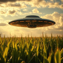 A striking raw photograph of a UFO hovering above a cornfield