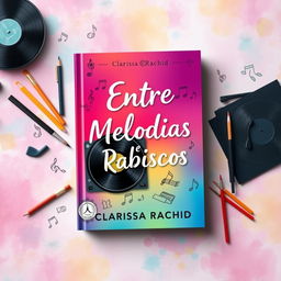 A captivating book cover design for "Entre Melodias e Rabiscos" by Clarissa Rachid