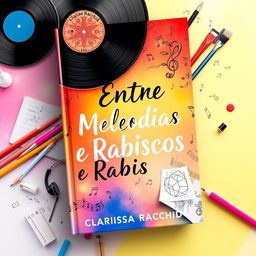 A captivating book cover design for "Entre Melodias e Rabiscos" by Clarissa Rachid