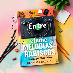 A captivating book cover design for "Entre Melodias e Rabiscos" by Clarissa Rachid