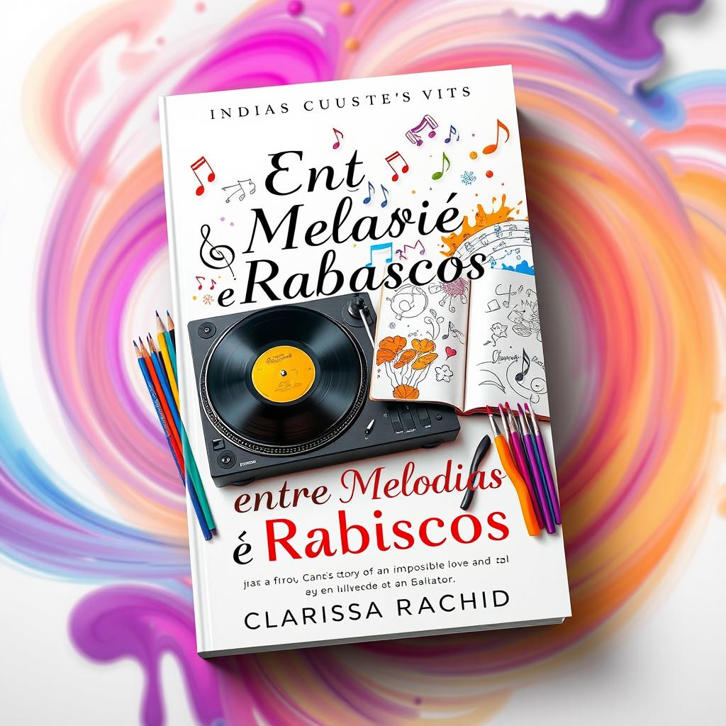 A stunning book cover design for "Entre Melodias e Rabiscos" by Clarissa Rachid