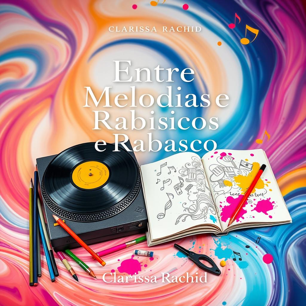 A stunning book cover design for "Entre Melodias e Rabiscos" by Clarissa Rachid