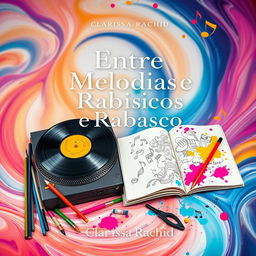 A stunning book cover design for "Entre Melodias e Rabiscos" by Clarissa Rachid