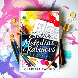 A stunning book cover design for "Entre Melodias e Rabiscos" by Clarissa Rachid