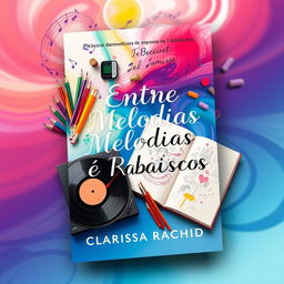 A stunning book cover design for "Entre Melodias e Rabiscos" by Clarissa Rachid