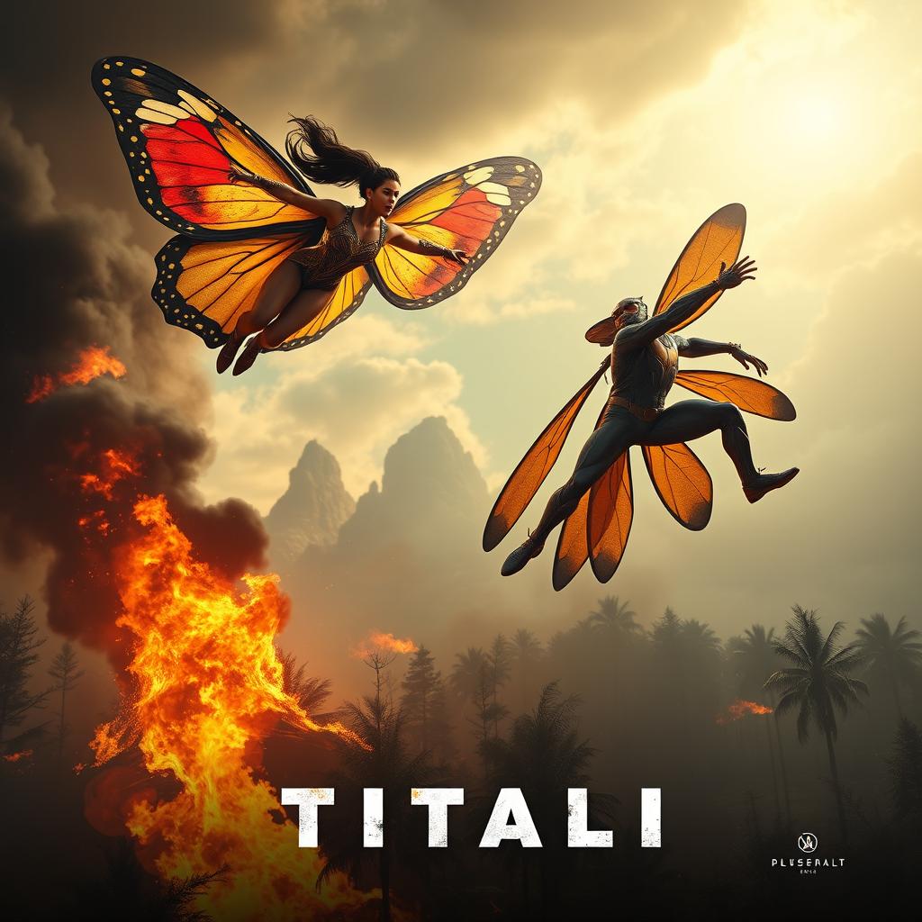 A cinematic poster titled 'TITALI', featuring a fierce battle in the sky between a powerful female superhero with large, colorful butterfly wings and a 30-year-old Indian man who has transformed into a mutant with dragonfly characteristics