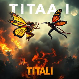 A cinematic poster titled 'TITALI', featuring a fierce battle in the sky between a powerful female superhero with large, colorful butterfly wings and a 30-year-old Indian man who has transformed into a mutant with dragonfly characteristics