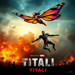 A cinematic poster titled 'TITALI', featuring a fierce battle in the sky between a powerful female superhero with large, colorful butterfly wings and a 30-year-old Indian man who has transformed into a mutant with dragonfly characteristics