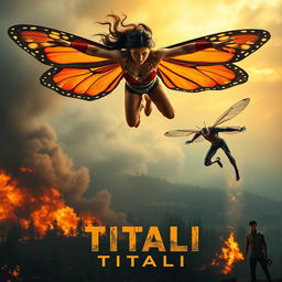 A cinematic poster titled 'TITALI', featuring a fierce battle in the sky between a powerful female superhero with large, colorful butterfly wings and a 30-year-old Indian man who has transformed into a mutant with dragonfly characteristics