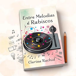 A book cover design for 'Entre Melodias e Rabiscos', showcasing a vibrant, artistic scene that tells the story of an impossible love between a DJ and an illustrator