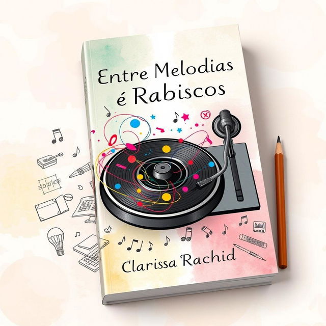 A book cover design for 'Entre Melodias e Rabiscos', showcasing a vibrant, artistic scene that tells the story of an impossible love between a DJ and an illustrator