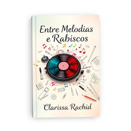 A book cover design for 'Entre Melodias e Rabiscos', showcasing a vibrant, artistic scene that tells the story of an impossible love between a DJ and an illustrator