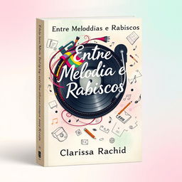 A book cover design for 'Entre Melodias e Rabiscos', showcasing a vibrant, artistic scene that tells the story of an impossible love between a DJ and an illustrator