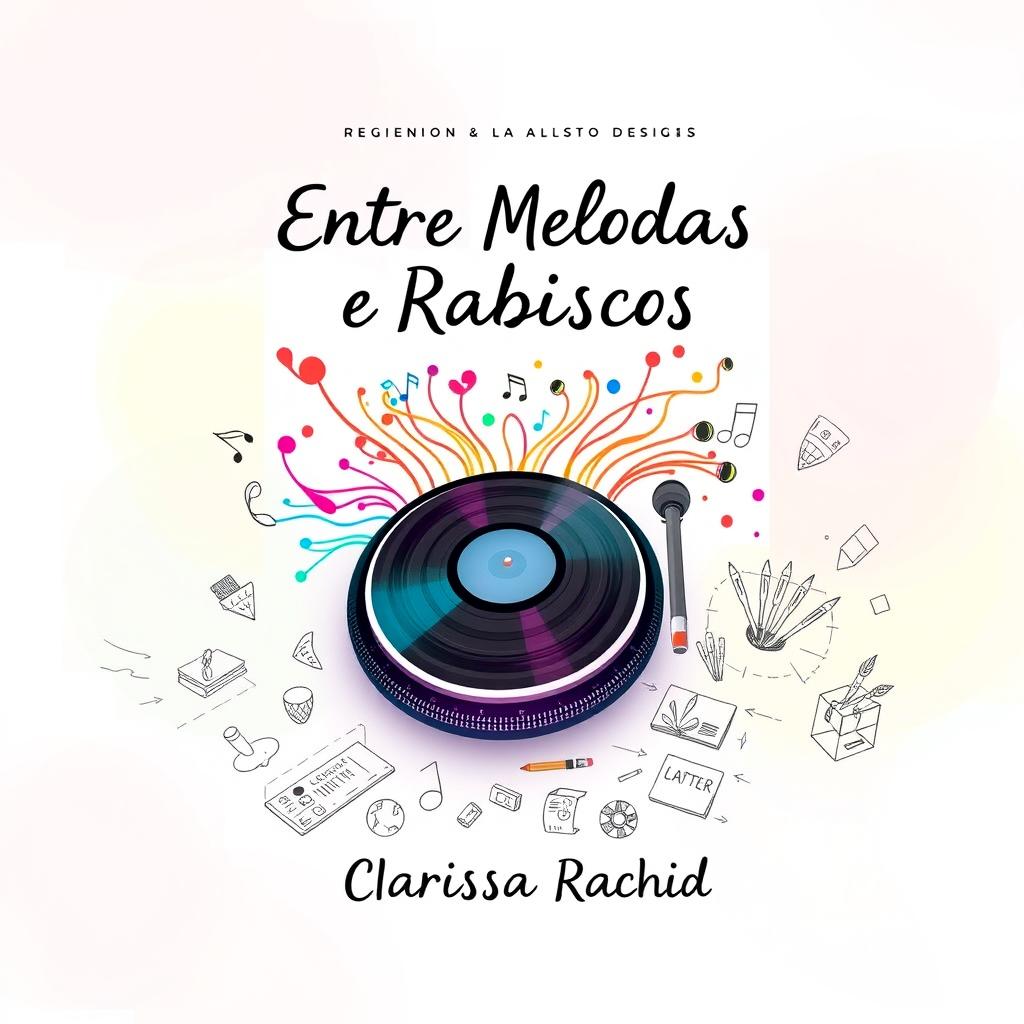 A captivating book cover design for 'Entre Melodias e Rabiscos', evoking the essence of a love story between a DJ and an illustrator without featuring any people