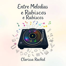 A captivating book cover design for 'Entre Melodias e Rabiscos', evoking the essence of a love story between a DJ and an illustrator without featuring any people