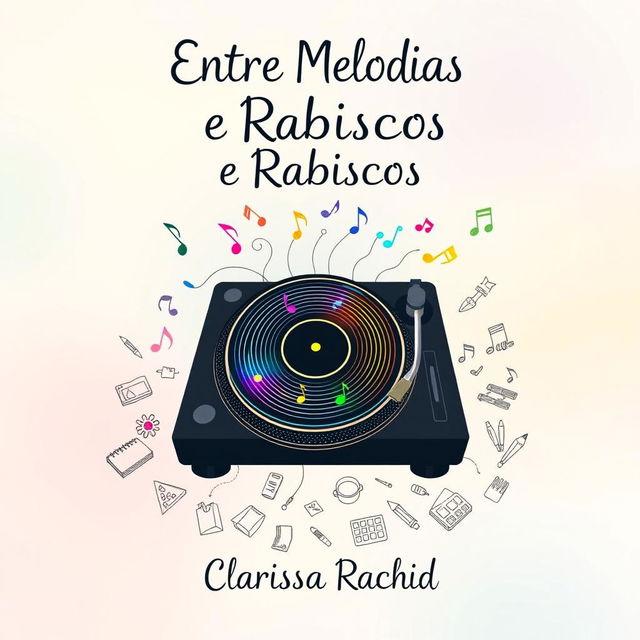 A captivating book cover design for 'Entre Melodias e Rabiscos', evoking the essence of a love story between a DJ and an illustrator without featuring any people