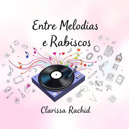 A captivating book cover design for 'Entre Melodias e Rabiscos', evoking the essence of a love story between a DJ and an illustrator without featuring any people