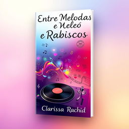 A captivating book cover design for 'Entre Melodias e Rabiscos', evoking the essence of a love story between a DJ and an illustrator without featuring any people